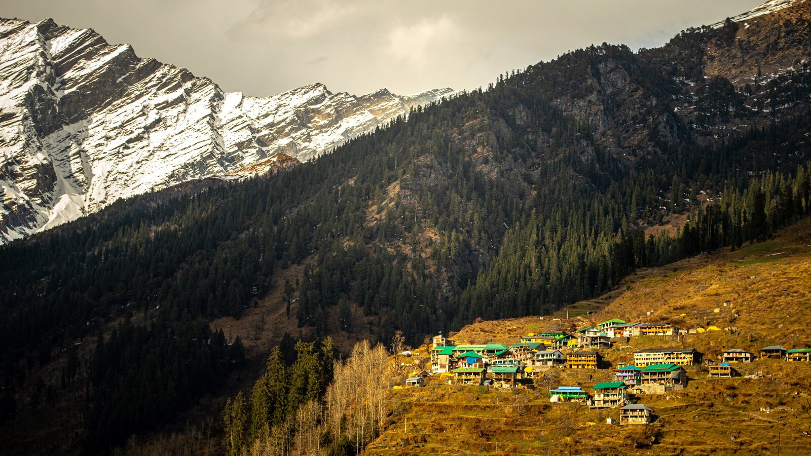 Snow-covered mountains and valley around Manali in winter.